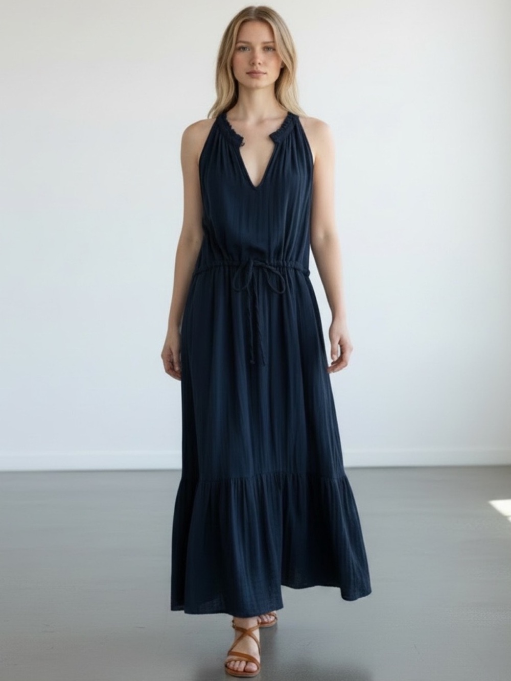 NWOT~ 100% Cotton Navy Blue Maxi Dress with Drawstring Waist   NWOT  8-10